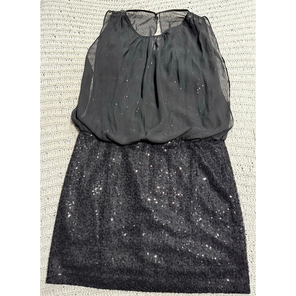 Adrianna Papell Cocktail Dress Blouson Chiffon Top Over Sequin Sheath Sz 6 Black
